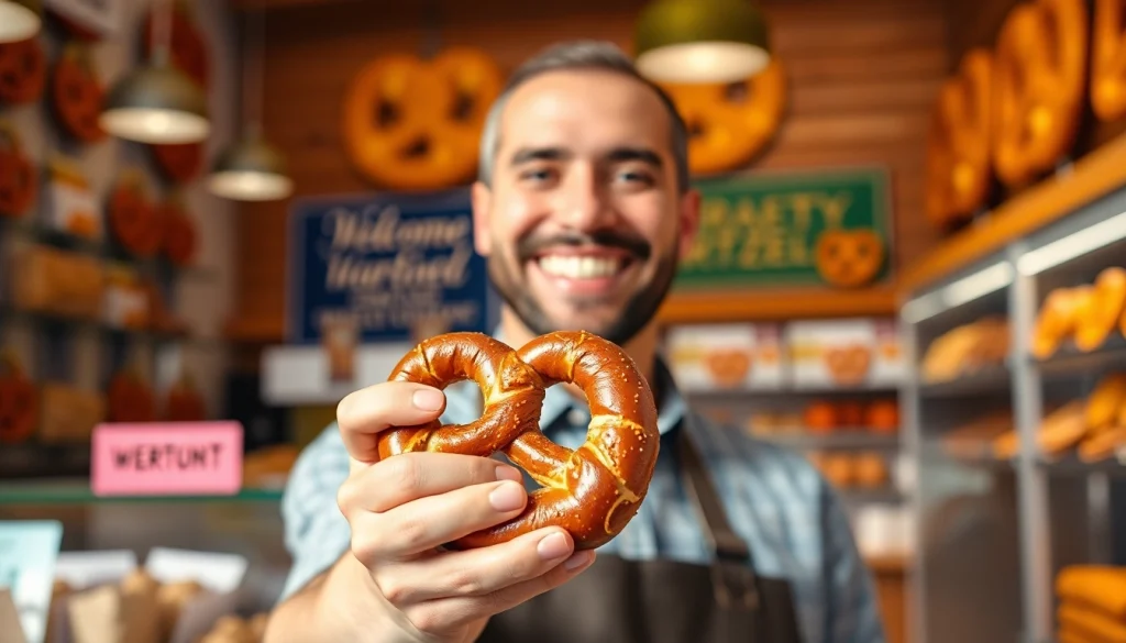 What do customers say about Pretzel warranty while enjoying fresh pretzels in a bakery.