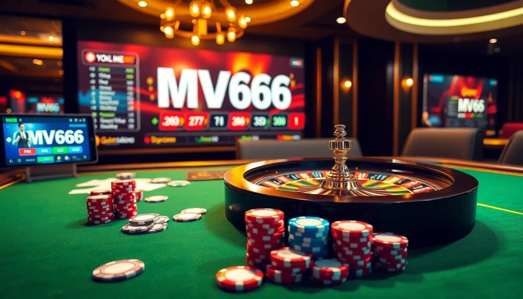 Engaging scene at Nhà cái MV66 casino with vibrant poker chips on the table.