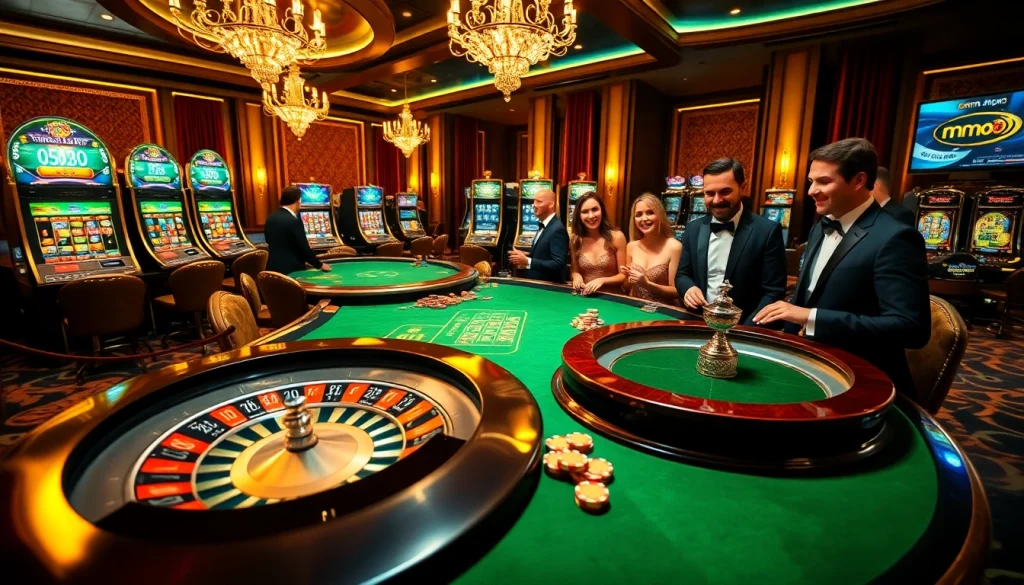 Players enjoying high-stakes gambling with MMOO-themed excitement at a luxurious poker table.