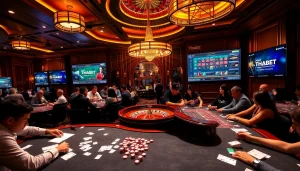 Gamblers enjoying thrilling card games and betting at THABET casino tables.