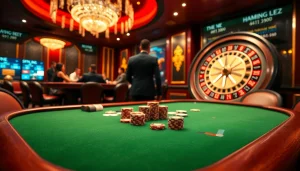 Players engaging with poker chips and cards at a casino table, highlighting the thrill of 168vn gambling.