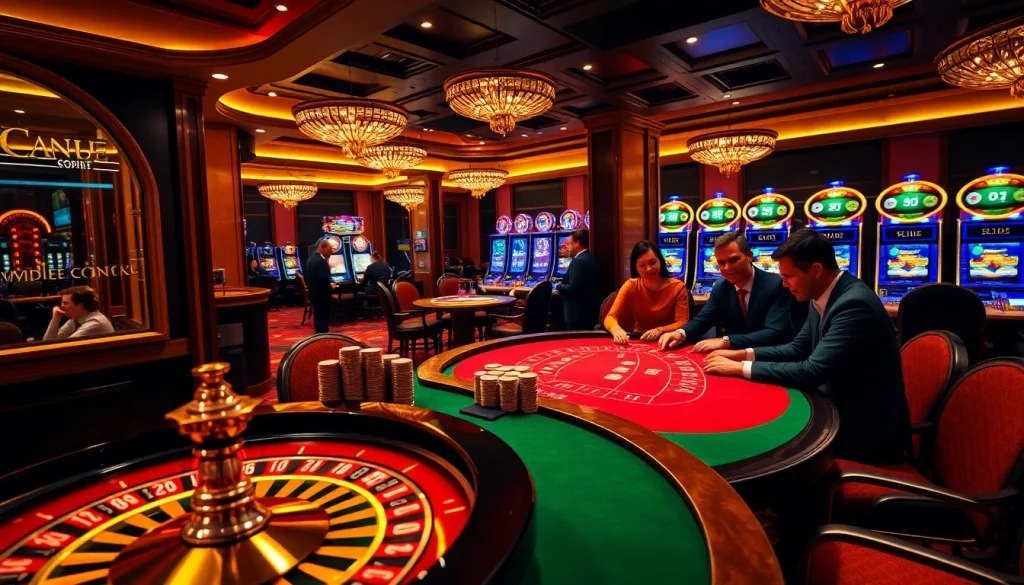 Experience high-stakes excitement at hbbet with a dazzling casino scene featuring roulette and poker.