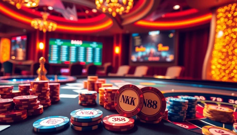 Engage in thrilling gameplay at the NK88 casino table with vibrant chips and cards.
