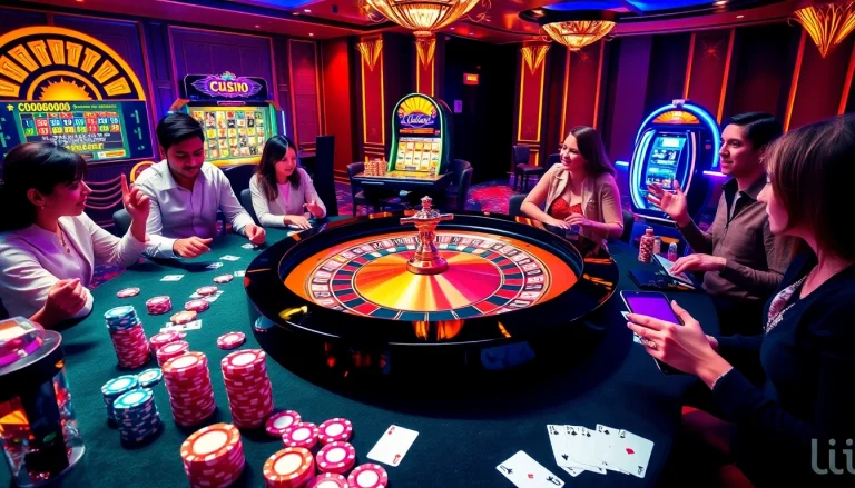 Cảnh sòng bạc đầy hứng khởi với bàn roulette và những người chơi sôi động tại https://luck8.net.
