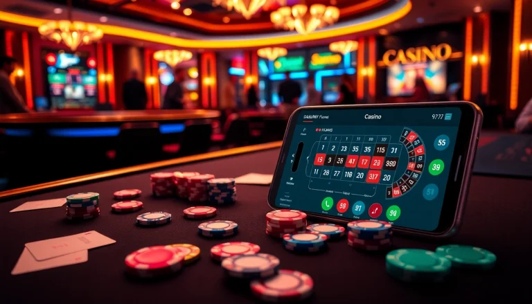 S8 Casino app shown on smartphone amidst vibrant casino action with cards and roulette.
