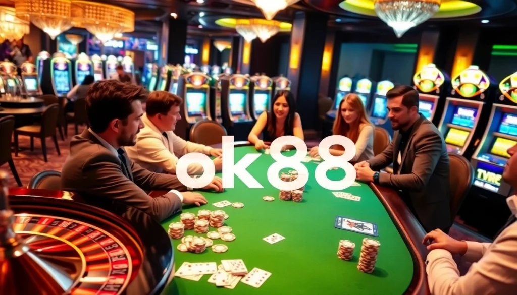 Experience the thrill of poker at ok88's luxurious casino tables, surrounded by vibrant slot machines and roulette wheels.
