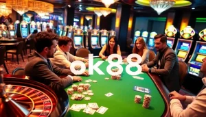 Experience the thrill of poker at ok88's luxurious casino tables, surrounded by vibrant slot machines and roulette wheels.