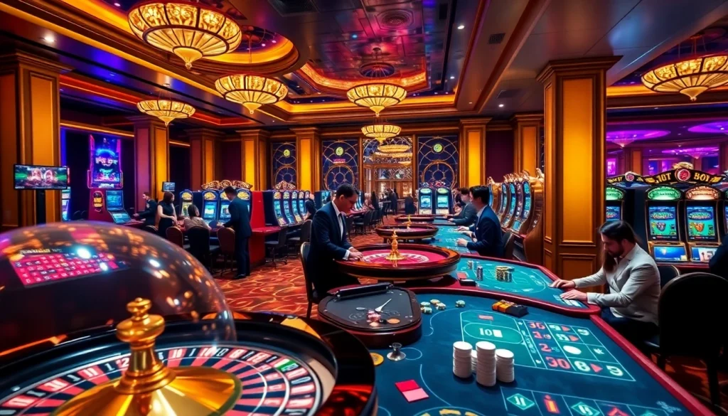 Exciting gaming action at U888 casino with roulette and poker tables illuminated in vibrant colors.