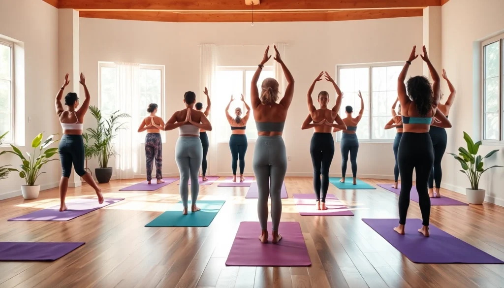 落ち着いた雰囲気のスタジオで、さまざまな人々がホットヨガを練習している場面