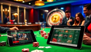 SBOBET online betting interface showcased on a tablet amidst a vibrant casino scene with poker chips and cards.