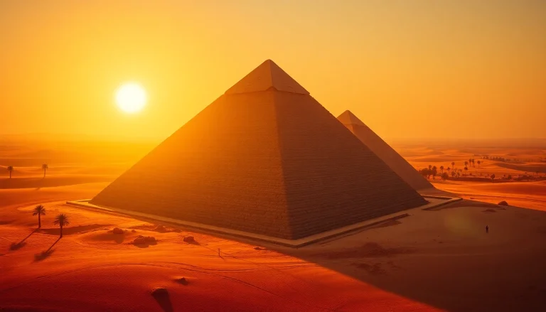 View of the majestic Great Pyramid of Giza at sunset, highlighting https://piraminds.com/ ancient beauty.