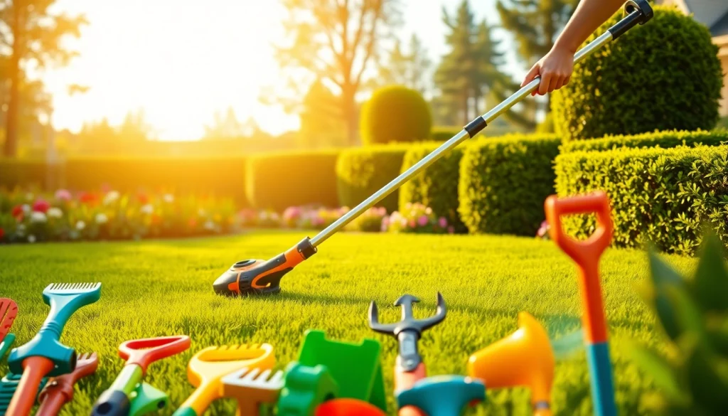 NovorikX 60V cordless string trimmer enhancing yard care, surrounded by vibrant garden tools and greenery.