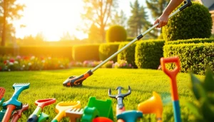 NovorikX 60V cordless string trimmer enhancing yard care, surrounded by vibrant garden tools and greenery.