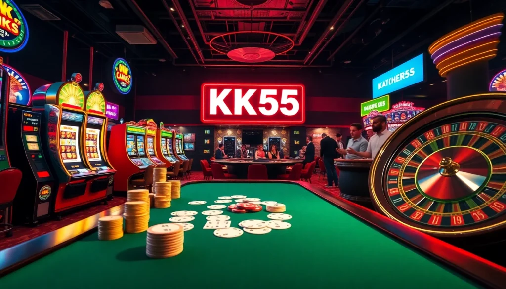 Experience the action of KK55 at a lively casino table with poker chips and slot machines.
