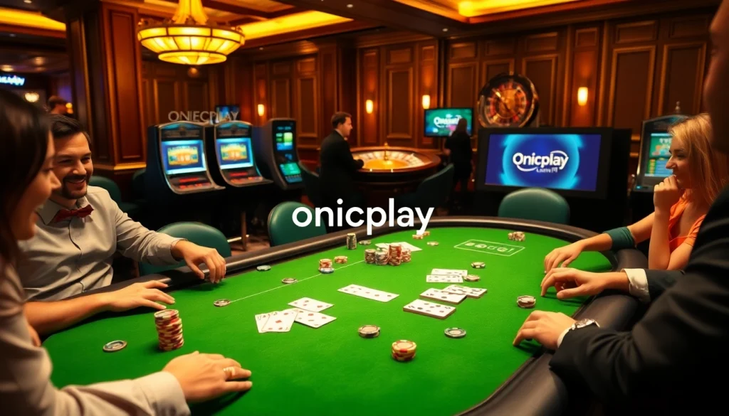 Experience the thrill of gambling at an onicplay casino with stylish poker gameplay and vibrant slot machines.