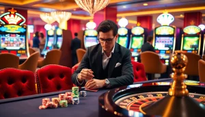Haywin gamblers enjoying a high-stakes poker game at a luxurious casino table.