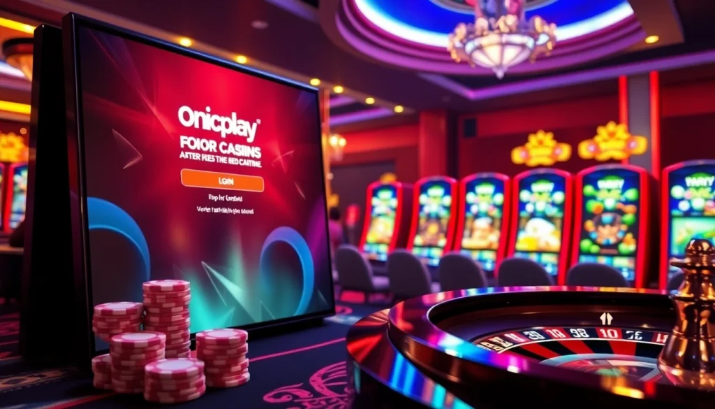Access Onicplay login interface amid vibrant casino elements showcasing poker chips and roulette.