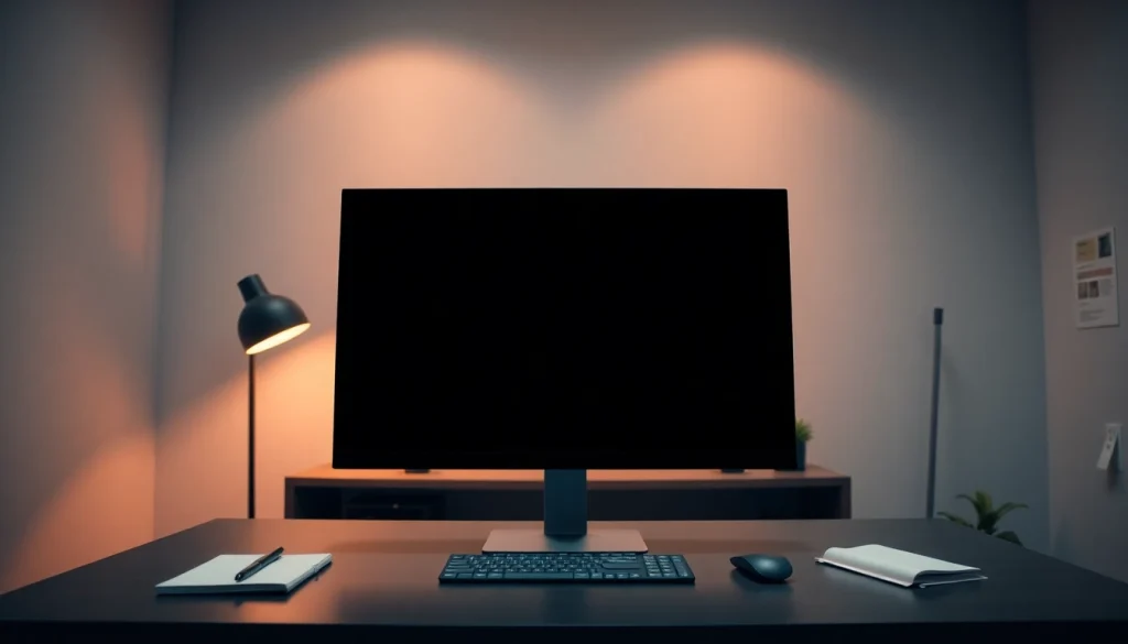 Black screen (pantalla negra) displayed on a modern workspace for concentration and minimalism.