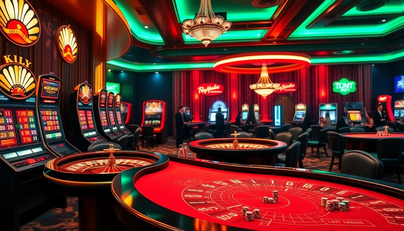 A vibrant casino scene showcasing the excitement and luxury of nohu90.com with slot machines, roulette, and poker action.