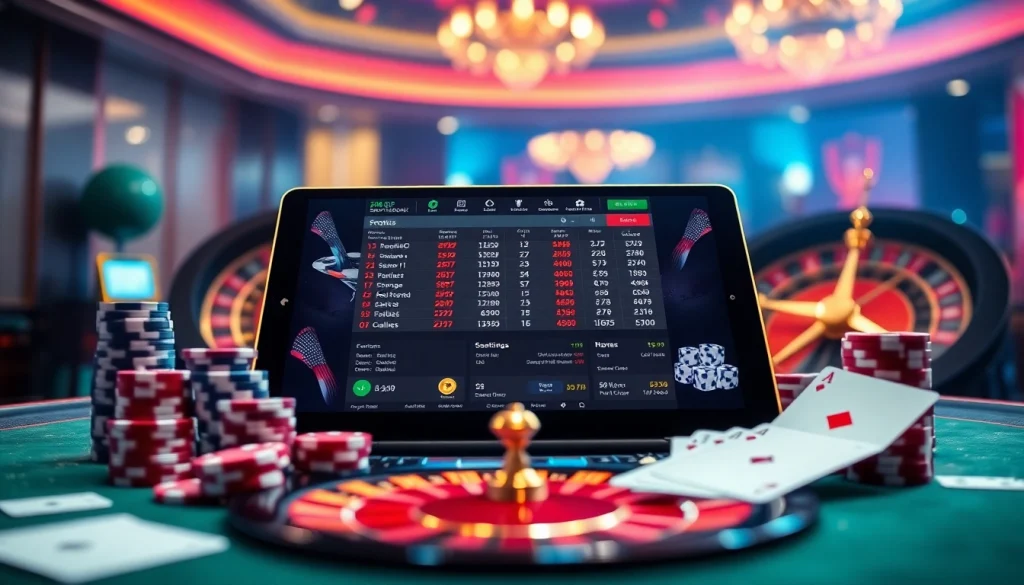 Engage in thrilling bets with adobet88 on a digital sportsbook device surrounded by poker chips and cards.
