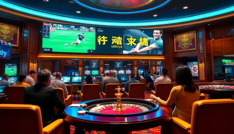 แทงบอลโลก betting experience showcased with luxury casino ambiance and dynamic sports screens.