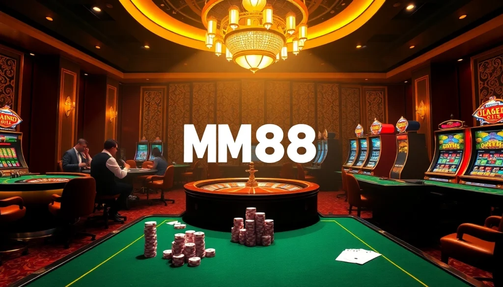 Join gamblers at MM88 as they celebrate with high-stakes poker chips and vibrant slot machines.