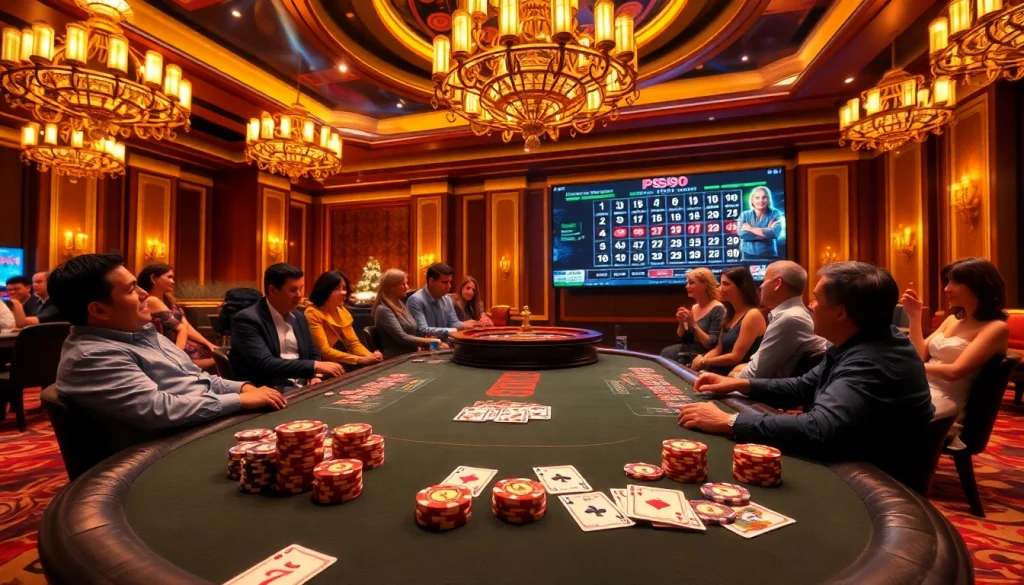 Players engaging in an exciting poker game at PS99 casino, surrounded by luxury.