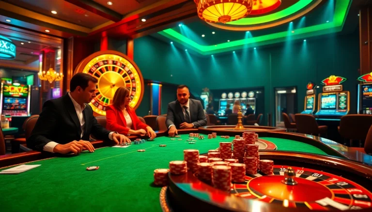 Professional gamblers engaging at a QQ88 poker table with vibrant casino elements.