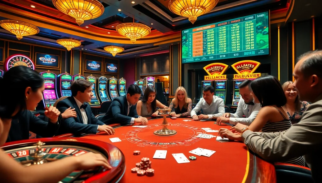 Exciting casino environment showcasing ev88 bet with players at a card table and vibrant slot machines.