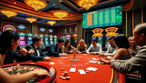 Exciting casino environment showcasing ev88 bet with players at a card table and vibrant slot machines.
