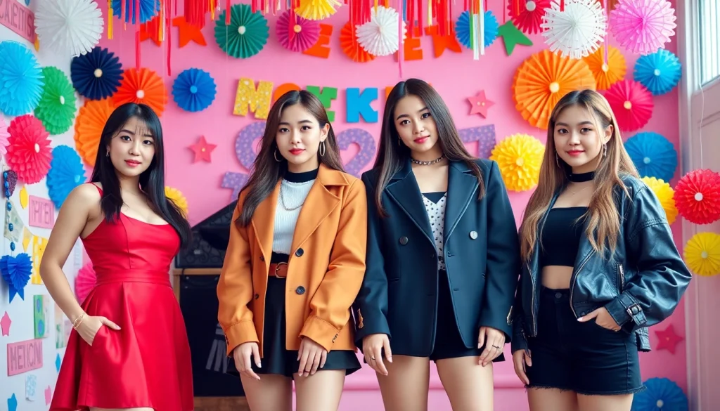 blackpink members posing together in stylish outfits against a colorful backdrop.