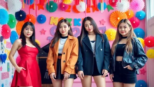 blackpink members posing together in stylish outfits against a colorful backdrop.