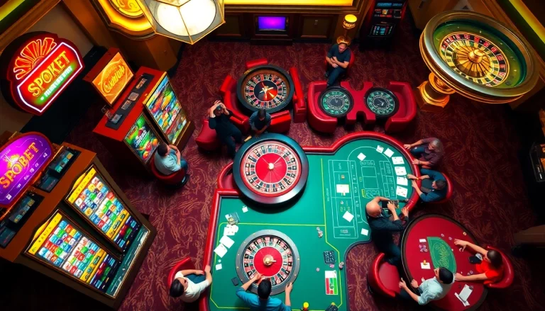 Experience sbobet excitement at a vibrant casino with slot machines and poker tables.