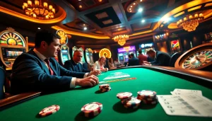 TK88 poker chips and players at a high-stakes table in a luxurious casino setting.