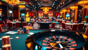 Experience the thrill of gambling at https://kkwin.diy/ with a vibrant casino scene featuring a poker table and roulette wheel.