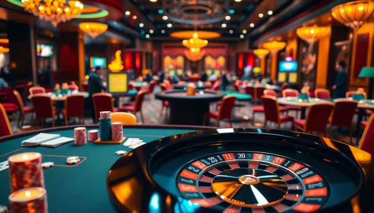 Experience the thrill of gambling at https://kkwin.diy/ with a vibrant casino scene featuring a poker table and roulette wheel.