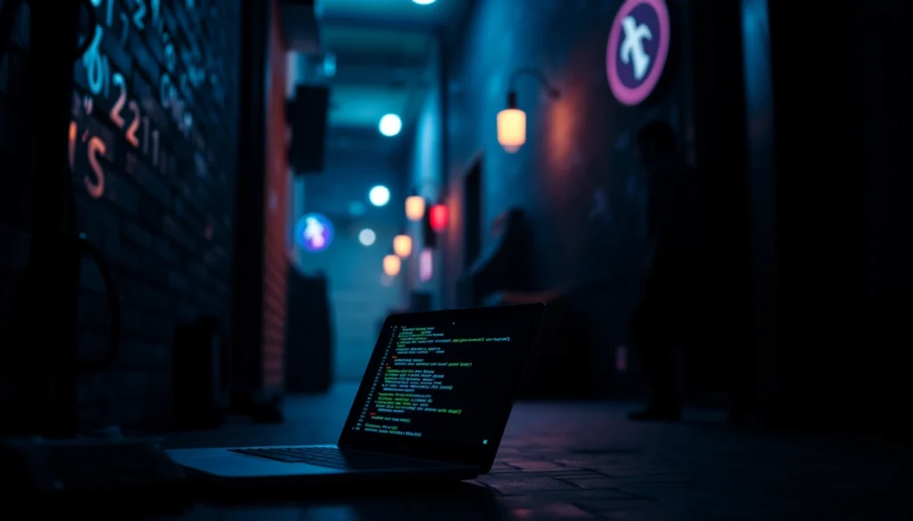 The Hidden Wiki offering mysterious dark web insights with .onion symbols and digital devices in shadowy settings.