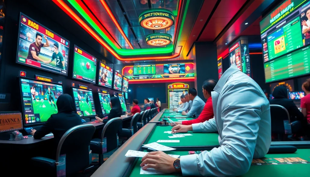 Kèo thể thao 6FF: Exciting sports betting scene with modern digital displays and engaged gamblers.