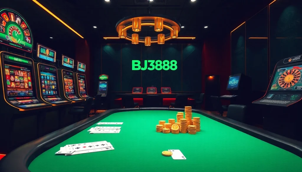 The BJ388 online casino experience featuring luxurious tables, vibrant chips, and a stylish interface.