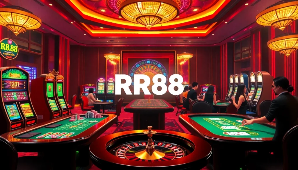 rr88 đăng nhập in a vibrant casino scene with bustling tables and exciting gameplay elements