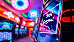 Permainan slot deposit 1000 dengan antarmuka menarik dan atmosfer kasino penuh warna.