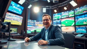 Engaging sports broadcasting setup featuring a commentator in a lively studio.