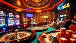 Experience thrilling gambling at Fun88 with vibrant slot machines and a roulette table.