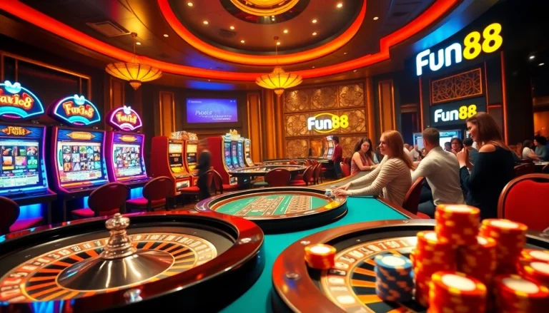 Experience thrilling gambling at Fun88 with vibrant slot machines and a roulette table.