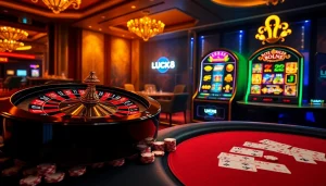 Trải nghiệm sự phấn khích của đánh bạc trực tuyến tại LUCK8 với các bàn casino sống động, những chiếc chip poker và bánh xe roulette.