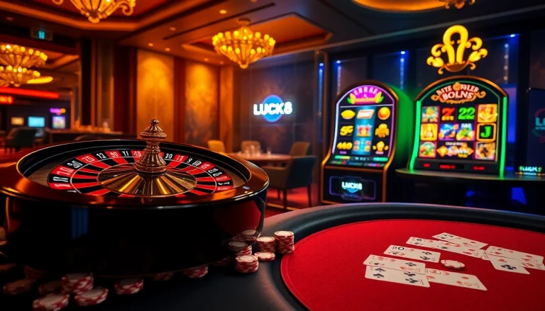 Trải nghiệm sự phấn khích của đánh bạc trực tuyến tại LUCK8 với các bàn casino sống động, những chiếc chip poker và bánh xe roulette.