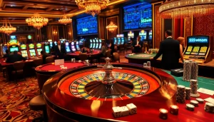 Engage in the excitement of 555win com with vibrant casino gaming visuals, showcasing roulette, slots, and enthusiastic players.