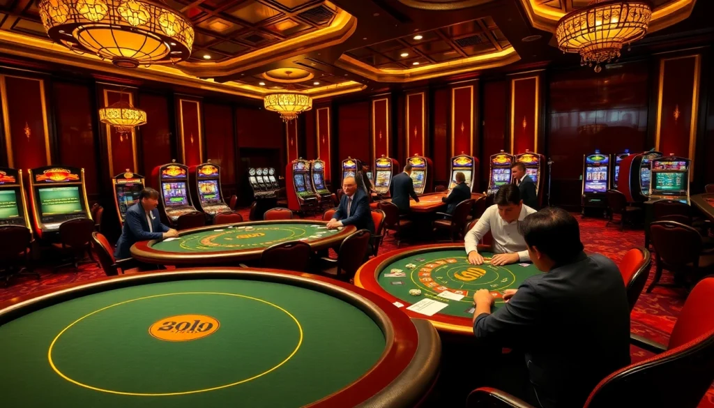 Exciting gambling scene at Haywin casino with poker tables, chips, and slot machines.