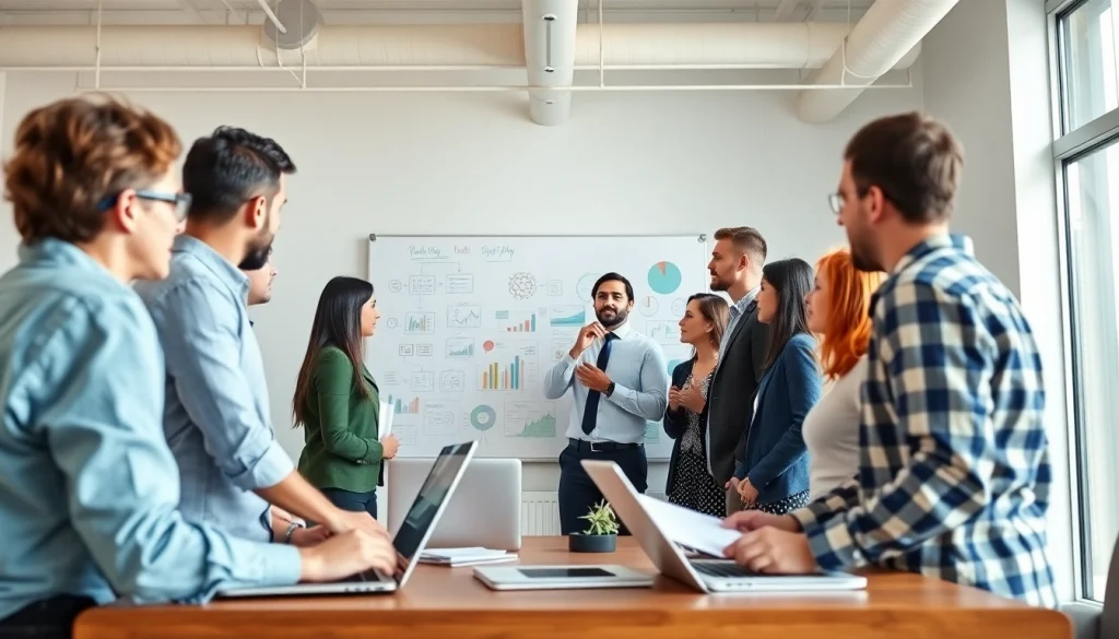 Marketing Consultant leading a collaborative brainstorming session in a vibrant office.