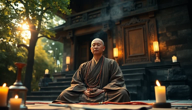 古代寺院の風景の中で静寂を保つ修道僧を描く、即身仏の瞑想シーン。